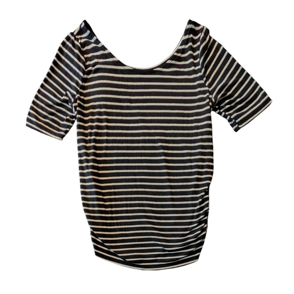 Isabel Maternity Striped Short Sleeve Ruched Side Top Black White Gold Large